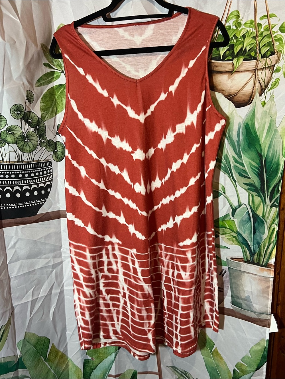 Size XL brick red  & White Tie-Dye Sleeveless V-Neck Dress/ tunic